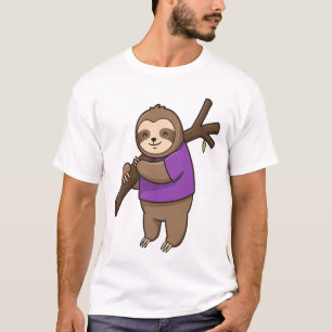 Camiseta Preguiça Abraçando Galho de Árvore Vestindo Roxo