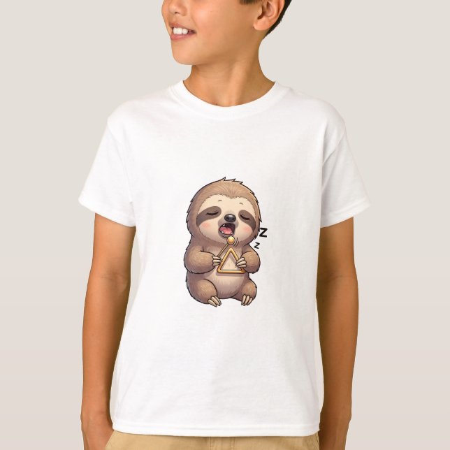 Camiseta Preguiça Adormecida Tocando Triângulo Crianças (Frente)