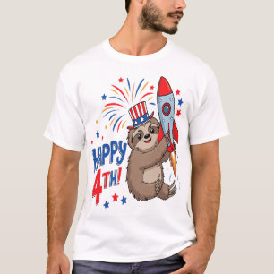 Camiseta Preguiça Feliz Foguetes de Fogo de Artifício EUA 4