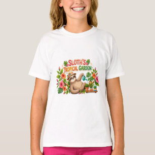 Camiseta Preguiça Fofa Regando Plantas Jardim Tropical