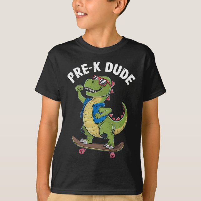 Camiseta Prek Dude Dinosaur Skateboarding Kids Kindergarten (Frente)