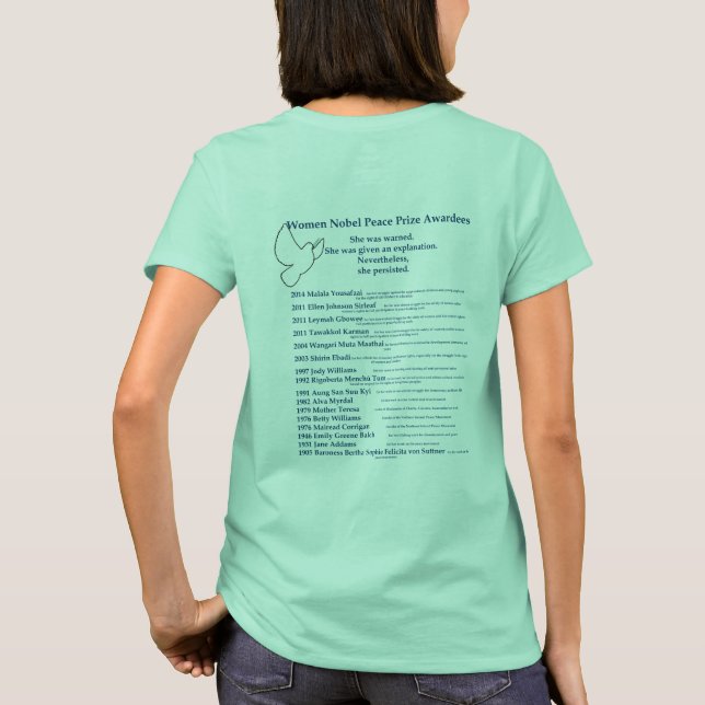 Camiseta Prêmio de paz de Nobel das mulheres, Nevetheless (Verso)