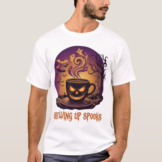 Camiseta Preparando Espíritos Halloween Xícara de Café Fant (Frente)