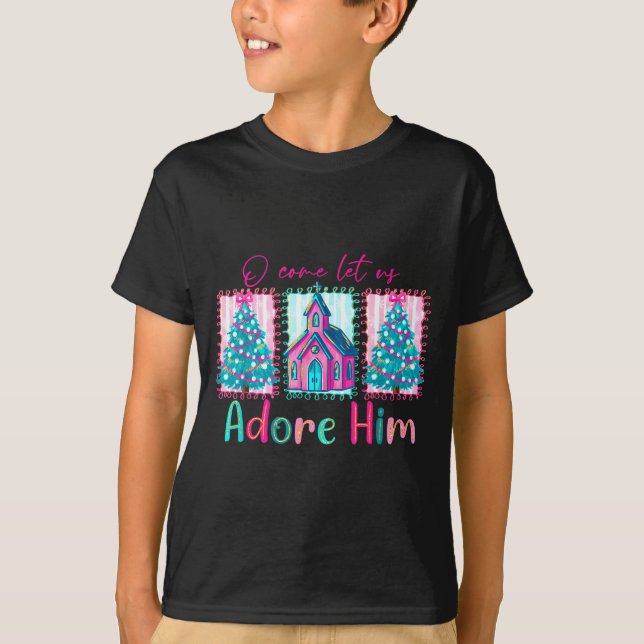 Camiseta Preppy Christian Retro Christmas Oh Come Let Us Ad (Frente)