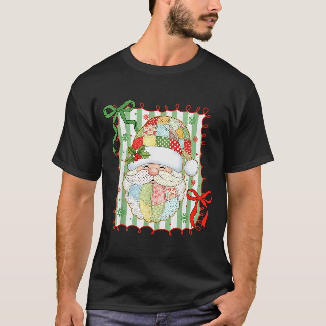 Camiseta Preppy Christmas Santa Claus Patchwork Xmas Women  (Frente)