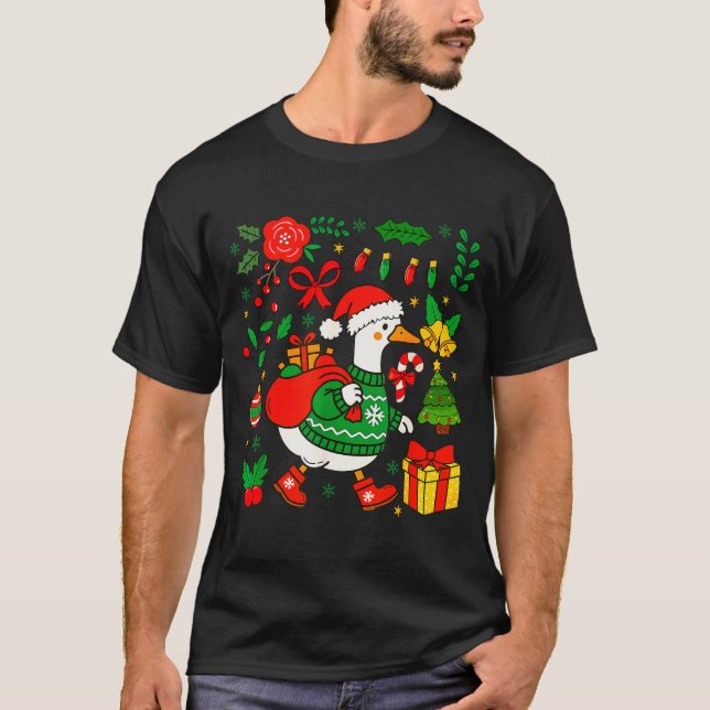Camiseta Preppy Christmas Santa Gooses Bow Xmas Tree Funny  (Frente)