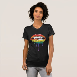 Camiseta Presas de Vampiro Pingando Lábios Arco-Íris Arte