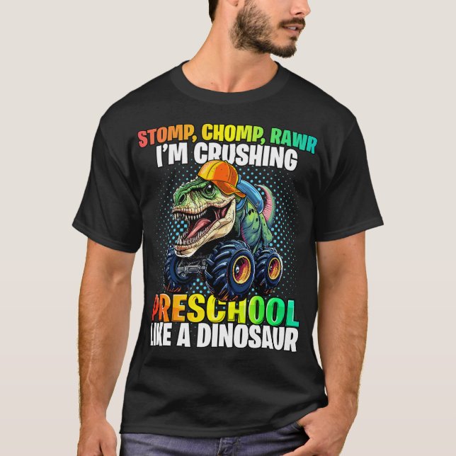 Camiseta Preschool Dinosaur Monster Truck Back to School Fi (Frente)