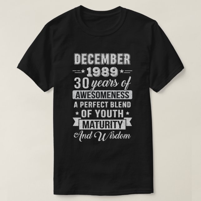 Camiseta Presente aniversário de 30 anos de dezembro de 198 (Frente do Design)