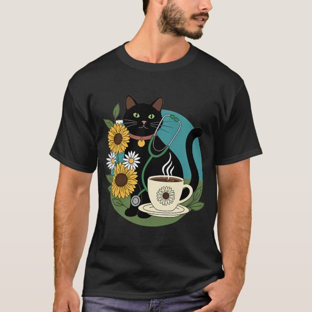 Camiseta Presente Caneca de Café Estetoscópio Gato Preto (Frente)