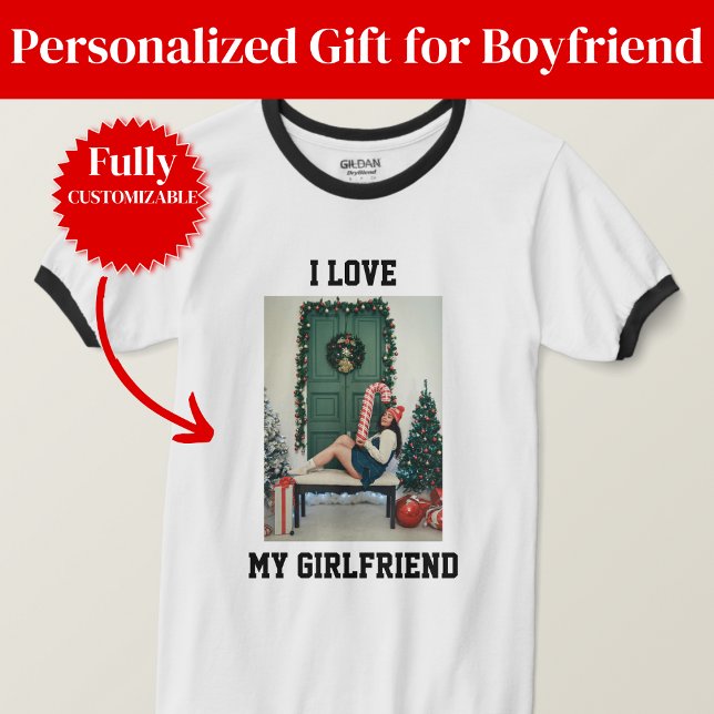 Camiseta Presente Com Foto da Minha Namorada (I Love My Girlfriend Photo Ringer T-Shirt Gift)