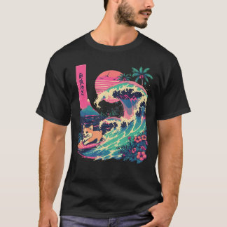 Camiseta Presente Corgi Japonês Surfando Grande Onda Japão