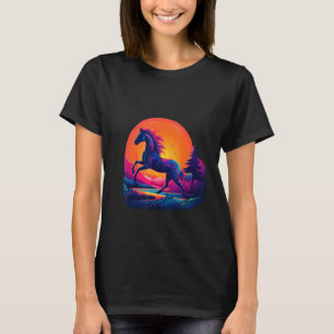 Camiseta Presente de cavalo galope retrô pôr do sol futuris