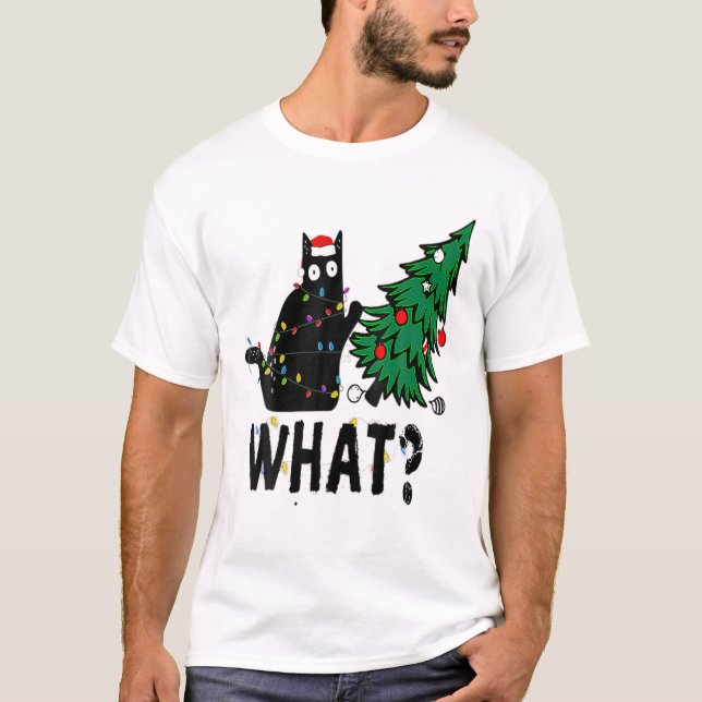 Camiseta Presente de Gato Negro Empurrando Árvore De Natal  (Frente)