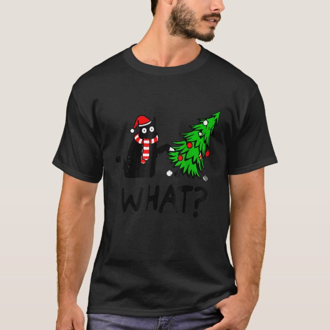 Camiseta Presente de Gato Preto Derrubando Árvore de Natal  (Frente)