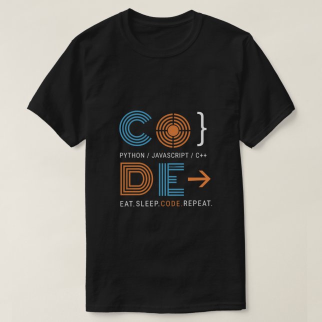 Camiseta Presente de Programador Geométrico Código Comer Do (Frente do Design)