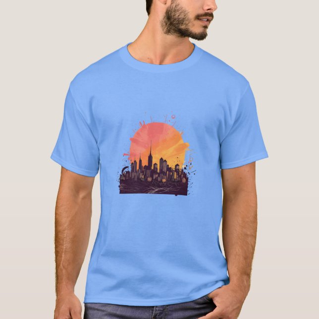 Camiseta presente do horizonte da cidade ao pôr do sol (Frente)