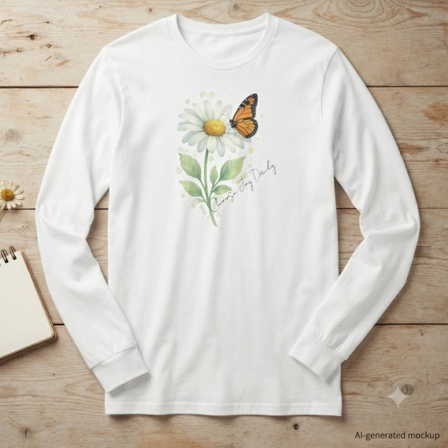 Camiseta Presente para Amante da Natureza Borboleta Monarca (Watercolor daisy and monarch butterfly design for a nature lover’s casual gift.)