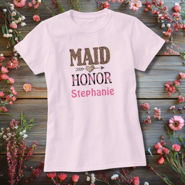 Camiseta Presente Personalizado para Dama de Honra com Esta (Maid of Honor Pink Leopard print Personalized T-shirt)