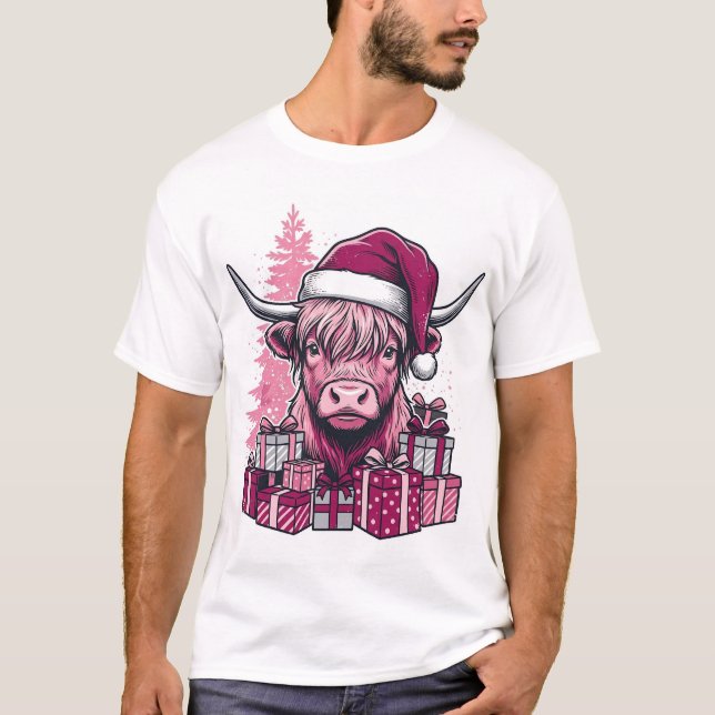 Camiseta Presentes de Natal da Vaca de Terras Altas Rosa Ar (Frente)