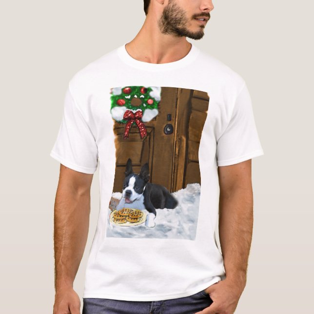 Camiseta Presentes de Natal em Boston Terrier (Frente)