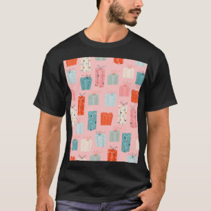 Camiseta Presentes de Natal, fundo rosa, padrão de colheita