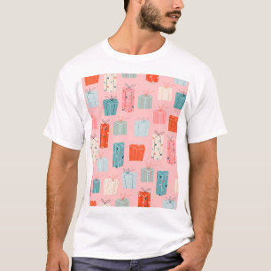 Camiseta Presentes de Natal, fundo rosa, padrão de colheita
