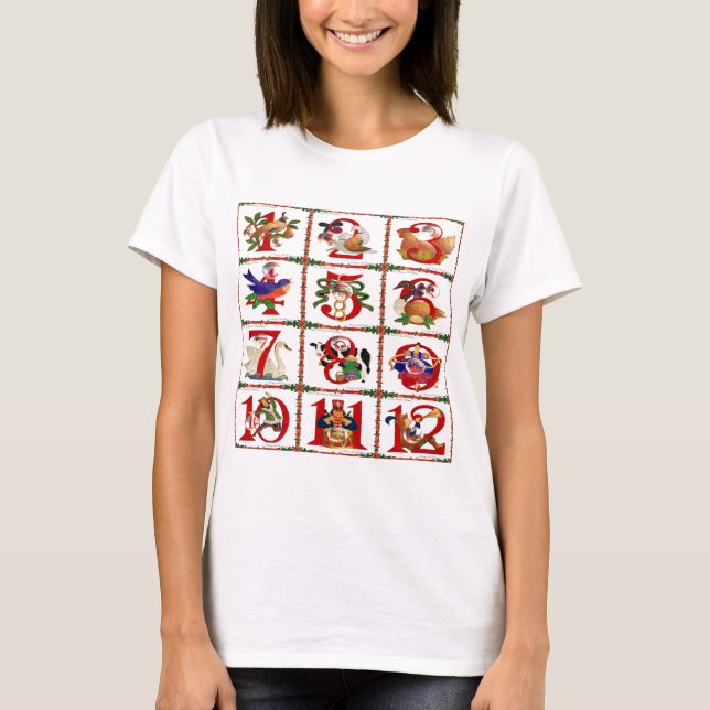Camiseta Presentes de Quilt Impresso dos 12 Dias de Natal (Frente)