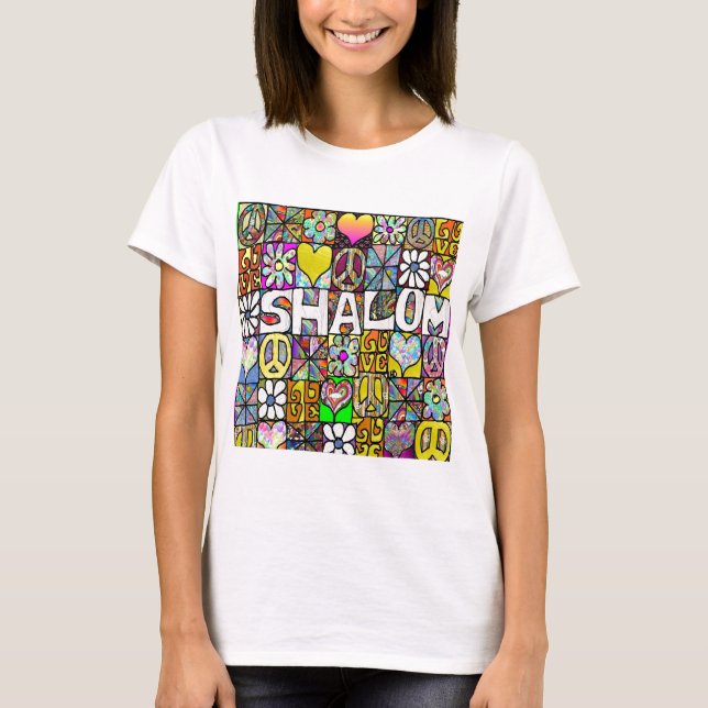 Camiseta Presentes de Roupas Retro 60s Psicodélico Shalom L (Frente)