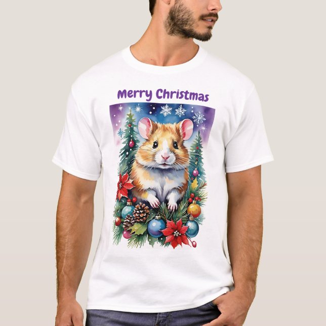 Camiseta Presépio Bebê Hampster Noite Roxa & Enfeites (Frente)