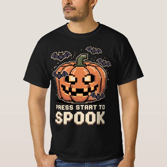 Camiseta Press Start to Spook - Pixel Kürbis Halloween (Frente)
