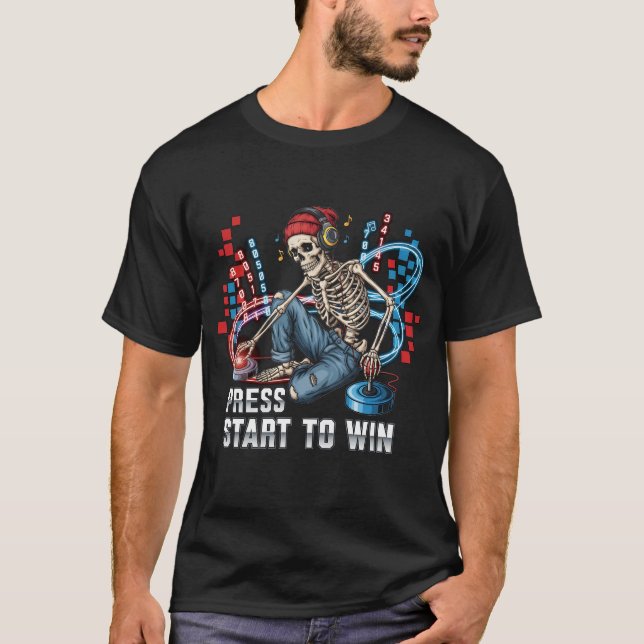 Camiseta Pressione Start To Win Skeleton Gamer T-Shirt | En (Frente)