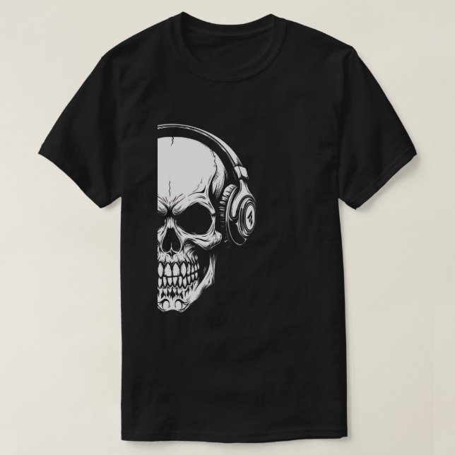 Camiseta Preta com Crânio em Tons de Cinza e Fones (Frente do Design)