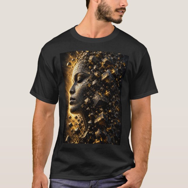 Camiseta Preta com Cubos de Rosto Fragmentado em 3 (Frente)