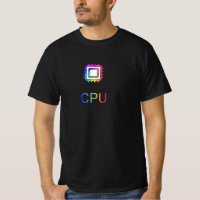 Camiseta preta com design de CPU em cores vibrante