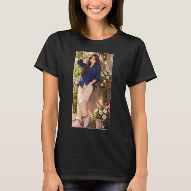 Camiseta preta com estampa feminina. (Frente)