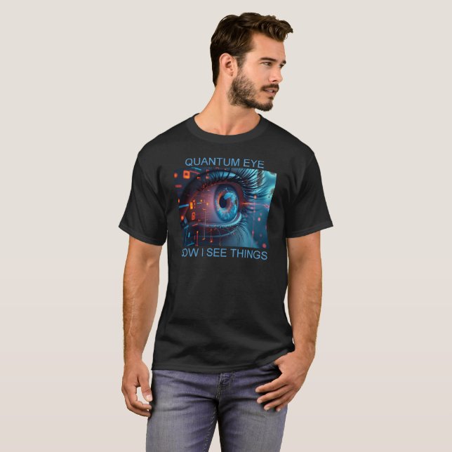 Camiseta preta de coisas do Olho Quântico para hom (Frente Completa)
