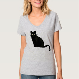 Camiseta preta de gato com decote em V feminino aj