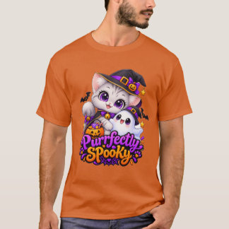 Camiseta Preta de Gato de Halloween Perfeitamente