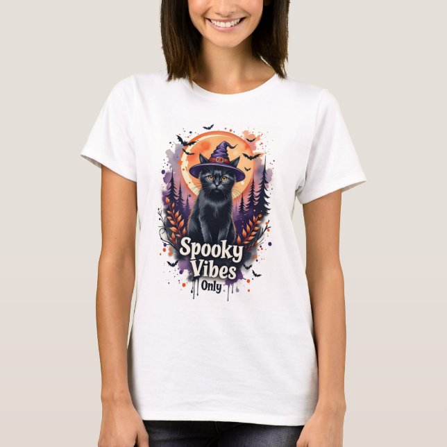 Camiseta preta de Halloween com Gato para Mulheres (Frente)
