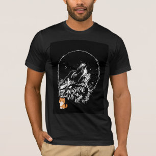 Camiseta preta de lua e lobo design