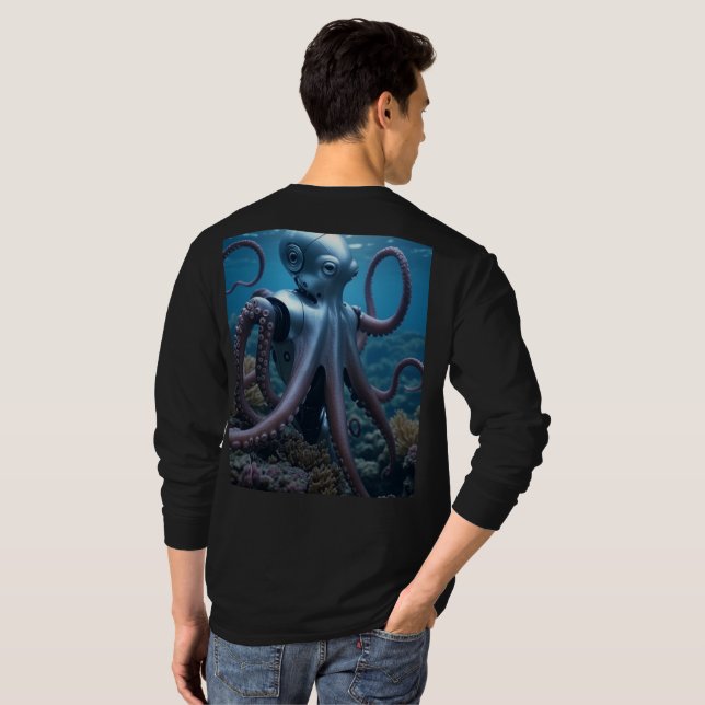 Camiseta preta de manga longa Cyber Octopus nas co (Parte Traseira Completa)