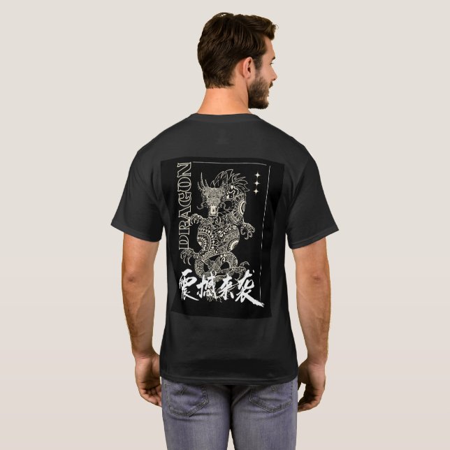 camiseta preta de meia manga com desenho de dragão (Parte Traseira Completa)