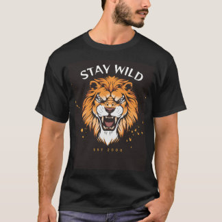 Camiseta preta de meia manga com desenho de leão 