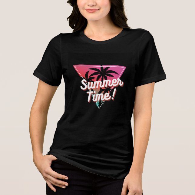 Camiseta preta de meia manga com design de verão (Frente)