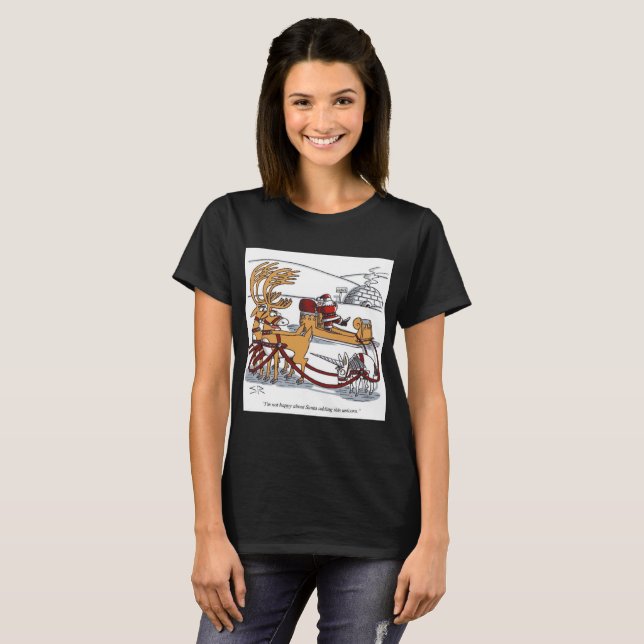 Camiseta preta de mulher com Rena Unicórnio (Frente Completa)