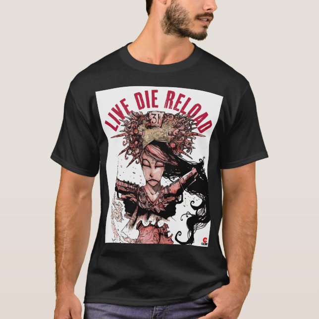Camiseta preta do Live Die Reload art (Frente)