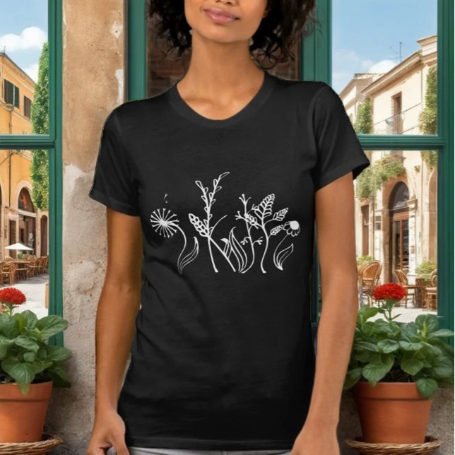 Camiseta Preta Elegante com Flores Delicadas em De (Criador carregado)