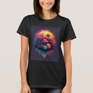 Camiseta Preta Feminina Cogumelos Divertidos