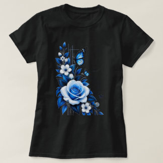 Camiseta preta feminina com gráfico floral de rosa